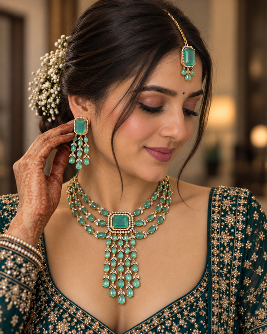 Triple-Strand Pink Pendant Necklace & Earrings Set