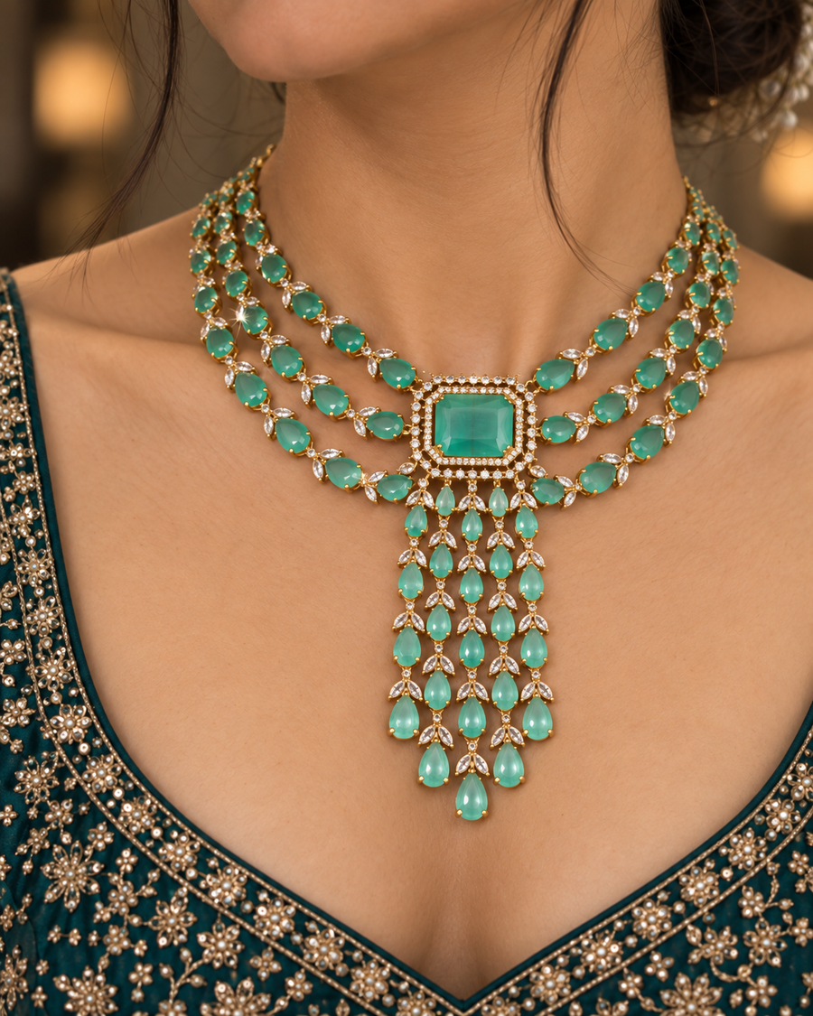 Triple-Strand Pink Pendant Necklace & Earrings Set