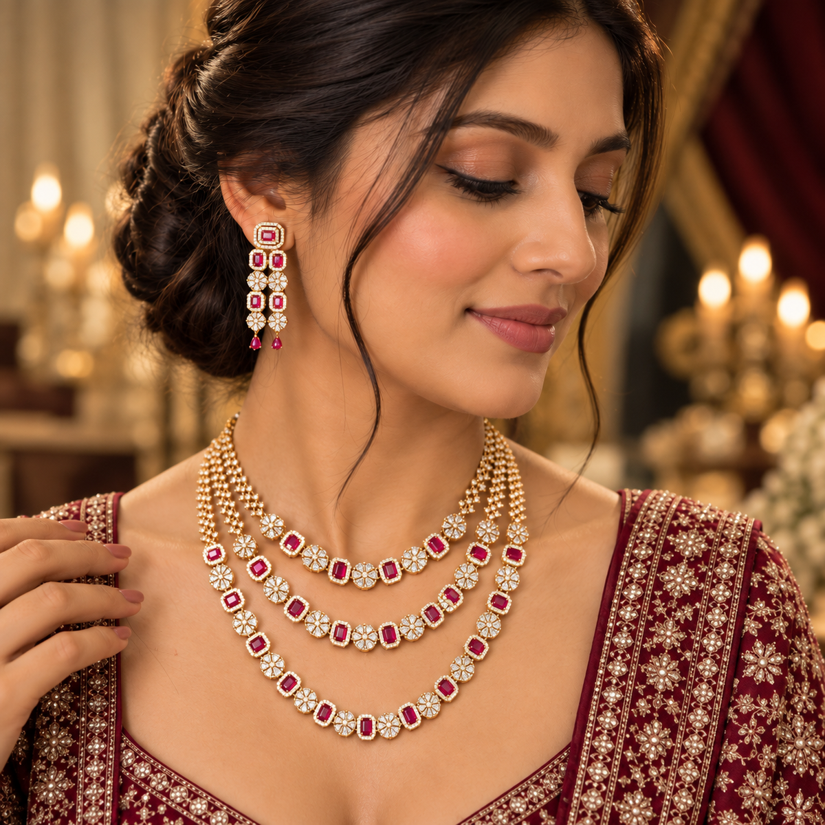 Pink Multi-Layer Draped Necklace & Earrings Set
